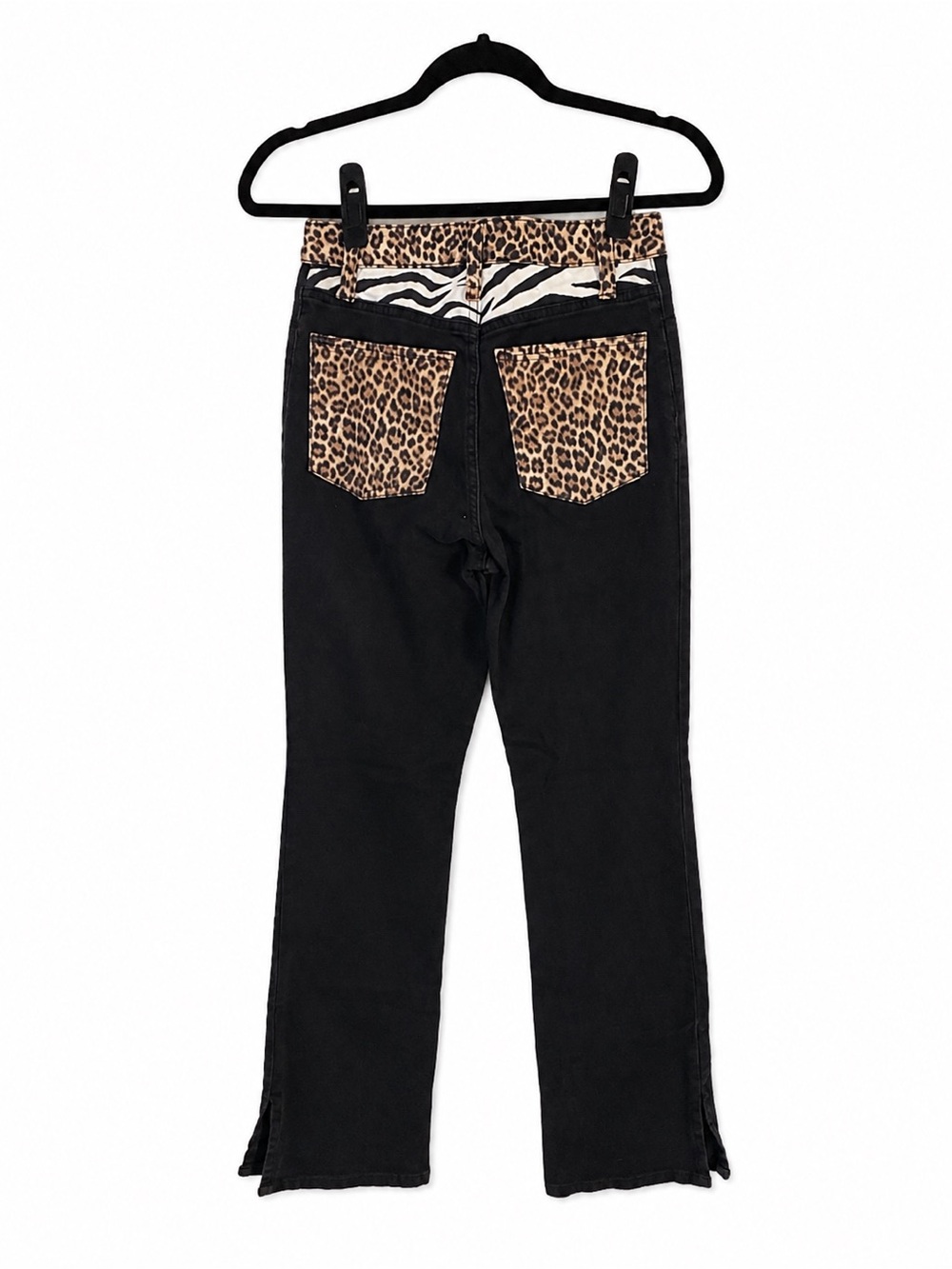Alice + Olivia Black Jeans with Leopard Waistband and Pocket Panels